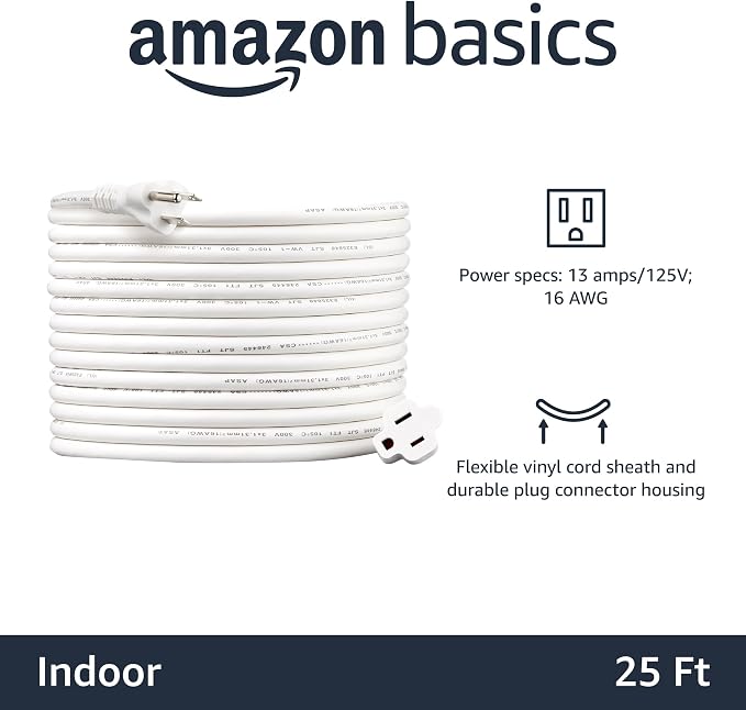 Amazon Basics Extension Cord, 25 Ft, 3 Prong Outlet Extender, Indoor Power Cord - Image 2