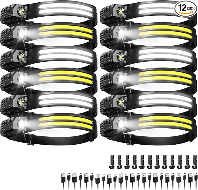 Rechargeable Headlamps 12 Pack, LED Headlight 230° Ultra Wide Beam, 6 Modes by CCDobbs