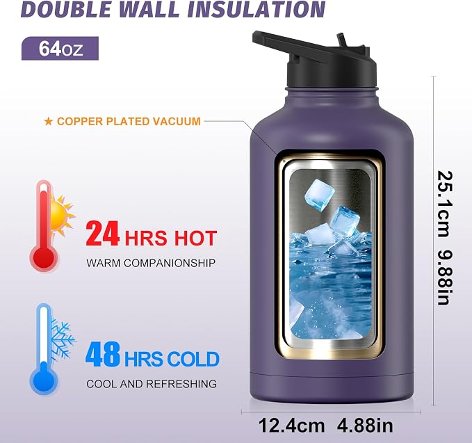 64oz Insulated Water Bottle, BPA Free&Leak Proof, Half Gallon Stainless Steel - Image 2