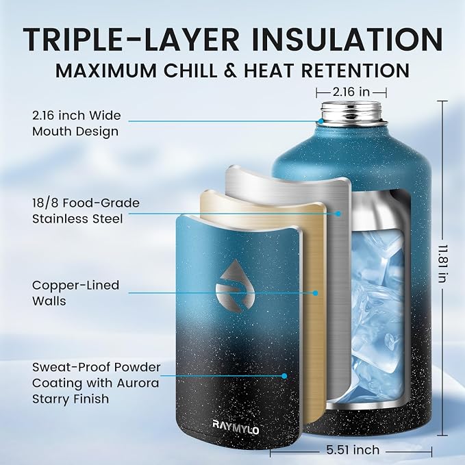 RAYMYLO 128oz Insulated Water Bottle, Triple Wall Vacuum Stainless Steel Water - Image 4