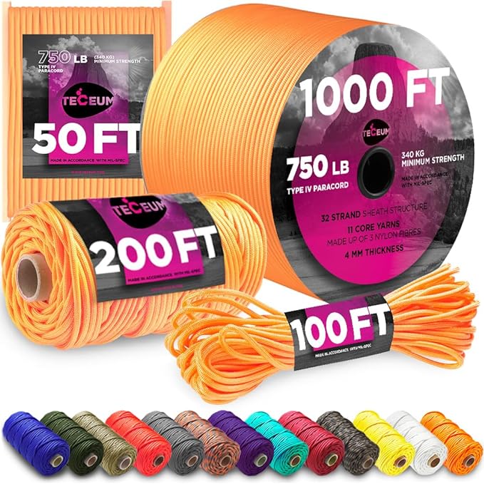 TECEUM 5/32" Paracord Rope 1000 – 1000ft / 200ft / 100ft / 50ft – Tactical by TECEUM