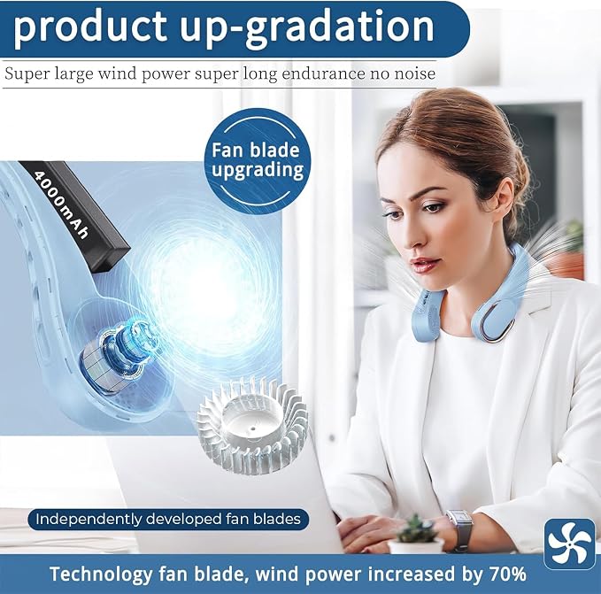 ASNUG Neck Fan, Bladeless Neck Fan, USB Rechargeable Personal Fan, 4000 mAh - Image 2