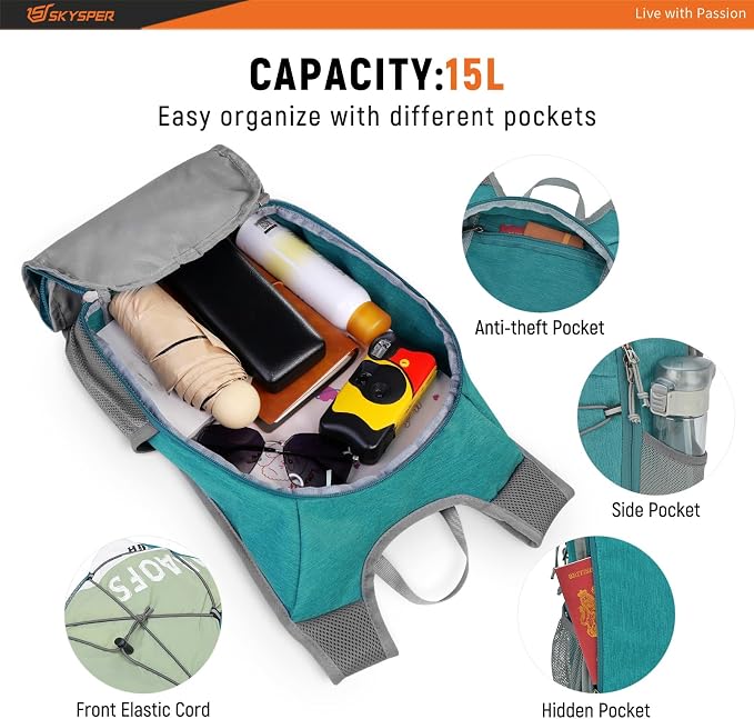 SKYSPER Foldable Hiking Backpack - 10L/15L Small Lightweight Daypack Breathable - Image 2
