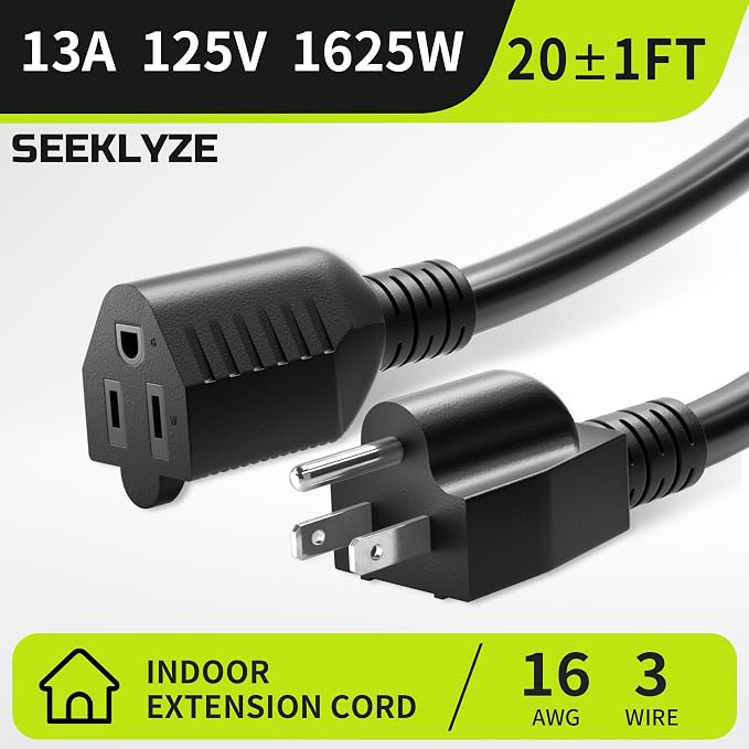 16/3 Black 20 FT Extension Cord, Indoor Extension Cord - Image 3