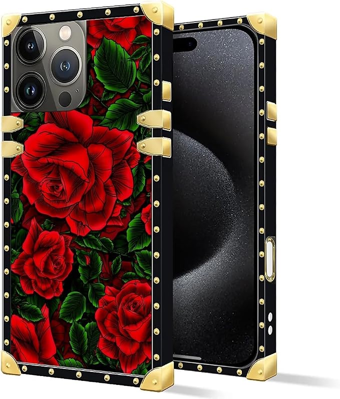 Compatible with iPhone 16 Pro Case, Vector Red Rose Green Leaf Luxury Golden - Image 2