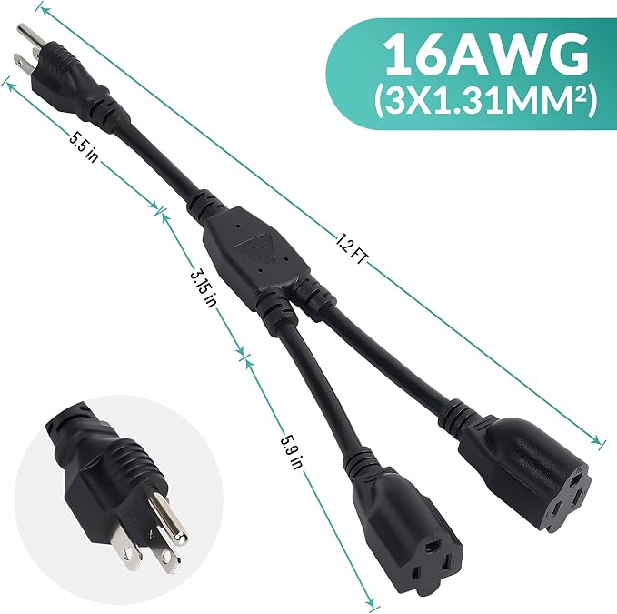 Elecan 3-Prong Y Splitter Power Extension Cord 1 FT, Straight Plug 1 to 2 Way - Image 6