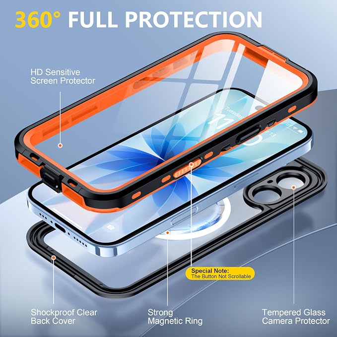 Red2Fire for iPhone 17 Case Waterproof, Phone Case 6.3" Orange/Clear - Image 5