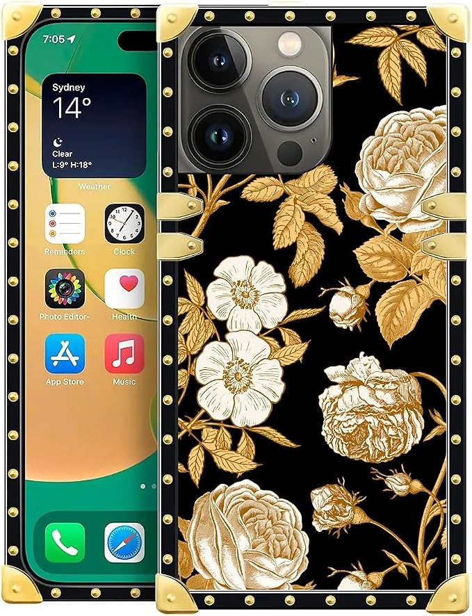 Compatible with iPhone 14 Pro Case, Blooming Rose Golden Flower Luxury Golden by Unknown