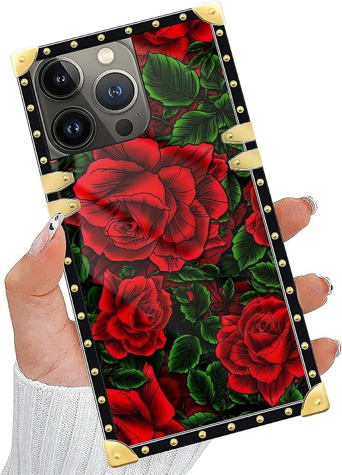 Compatible with iPhone 14 Pro Case, Vector Red Rose Green Leaf Luxury Golden - Image 6