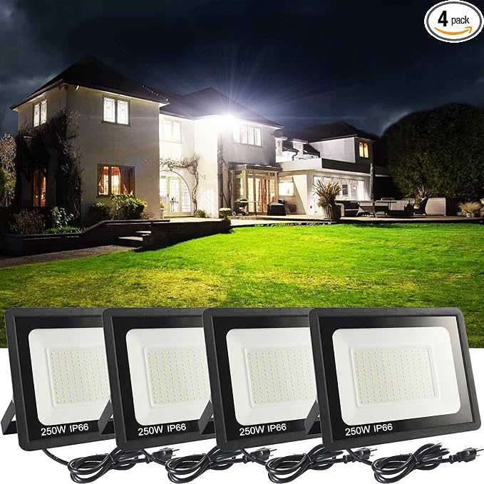 4Pack LED Flood Light Outdoor, 250W LED Work Light 26500lmwith 6FT US Plug by MUCLUD