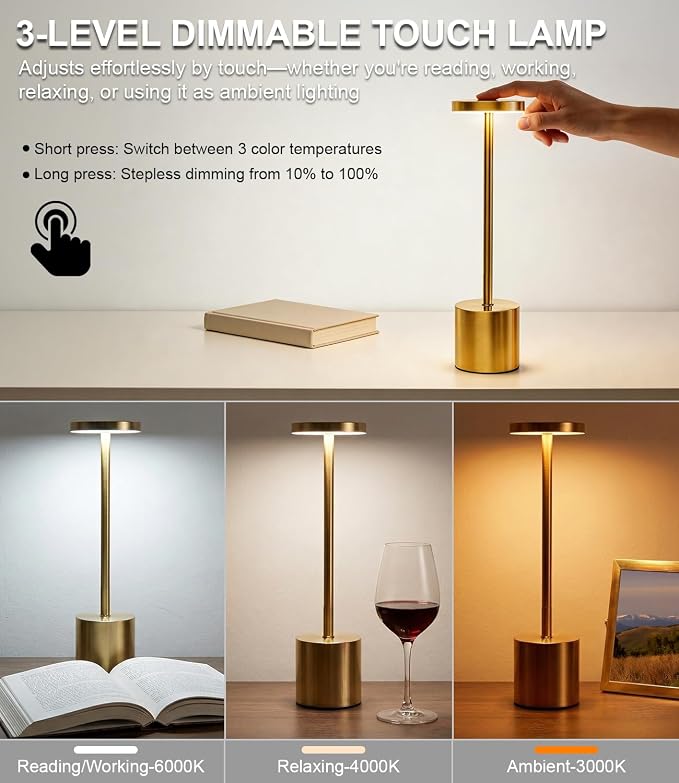 Swinerton Cordless Table Lamp Set of 2, Wireless 3 Color Dimmable Touch Lamp - Image 5