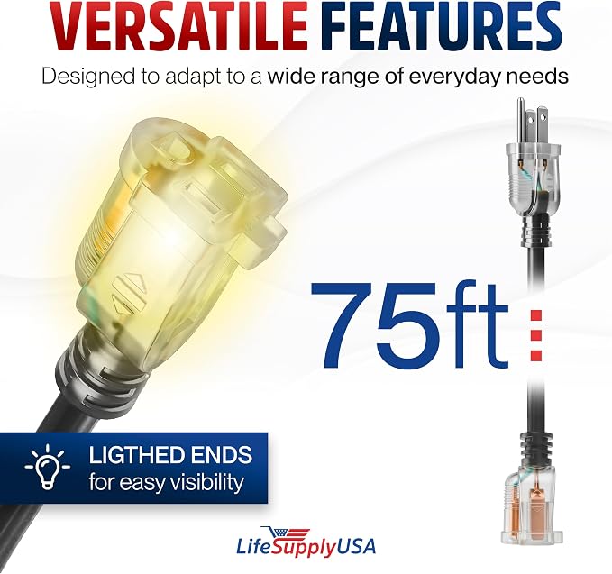 75ft Outdoor/Indoor Extension Cord 16/3 Gauge Heavy Duty 3 Prong SJTW, - Image 6