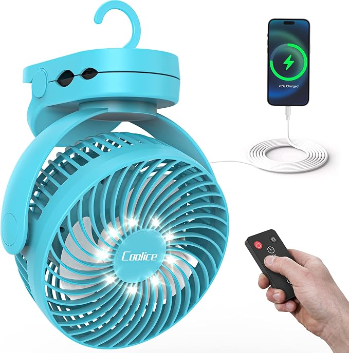 Camping Fan with Remote Control - 12000mAh Rechargeable Battery Powered Fan by Coolice