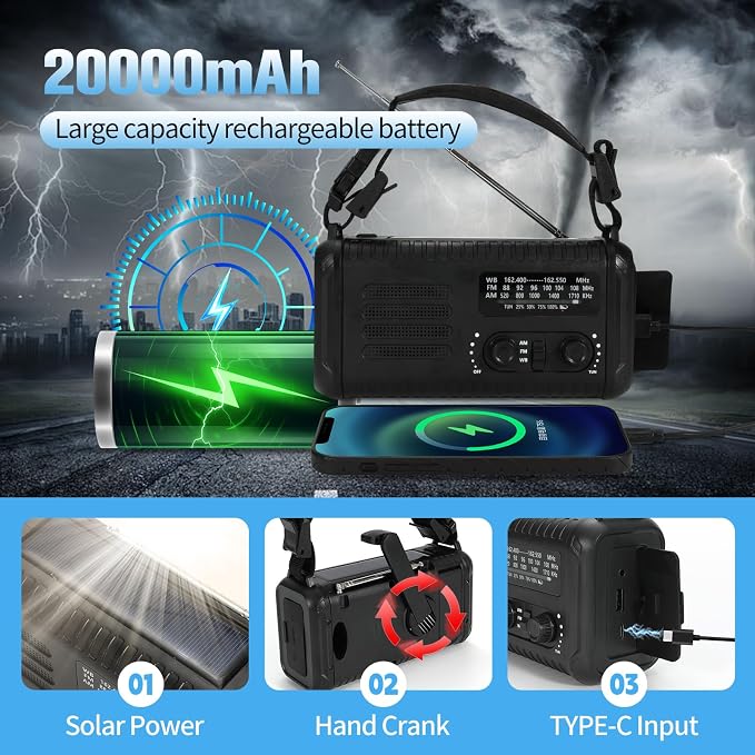 20000mAh Emergency Crank Radio, NOAA/AM/FM Portable Weather Radio, Solar Hand - Image 3
