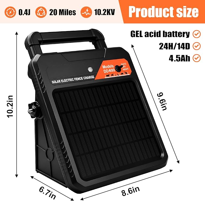 20 Miles Solar Electric Fence Charger – 0.4J Output, 10200V Peak, 24/7 - Image 2