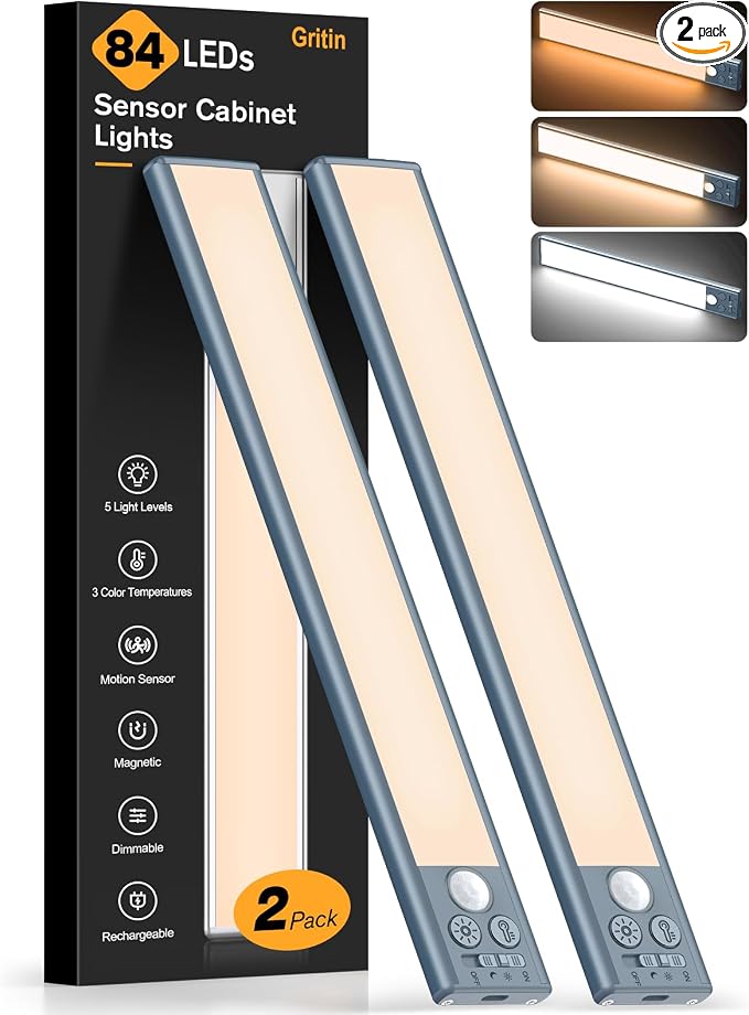 Gritin 10.2inch Under Cabinet Lighting Rechargeable 2 Pack- 3 Color Temps&5 by Gritin