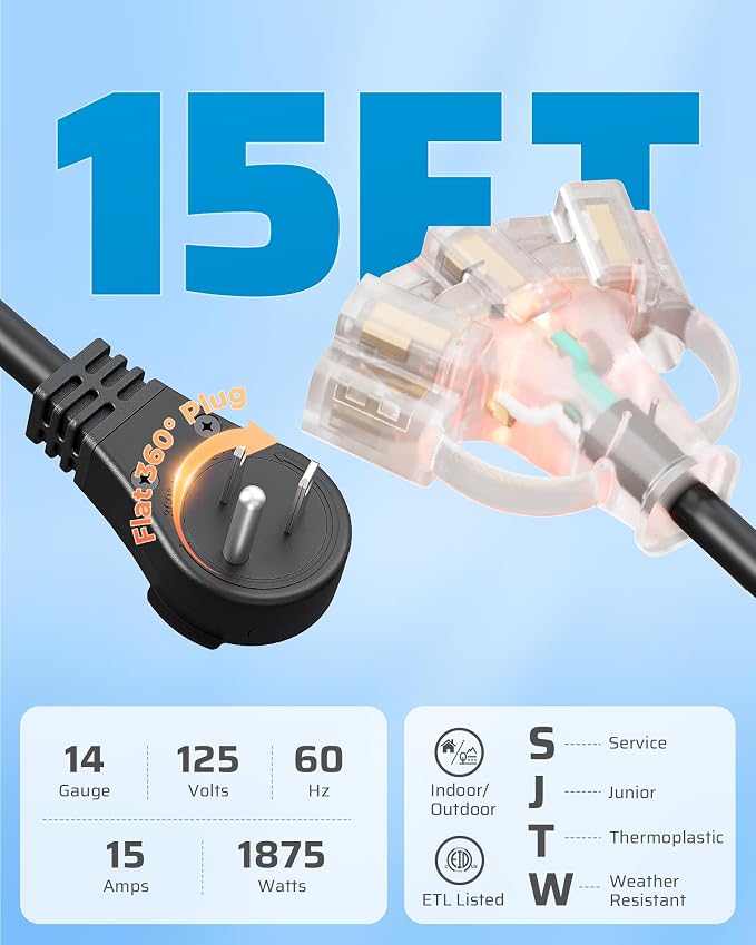 DEWENWILS 360° Rotating Flat Plug Extension Cord 15FT, 14/3 Gauge 3 Prong - Image 2