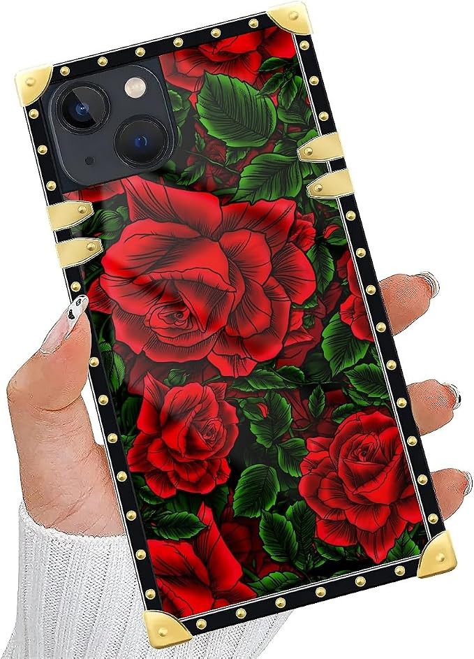 Compatible with iPhone 14 Case, Vector Red Rose Green Leaf Luxury Golden - Image 5