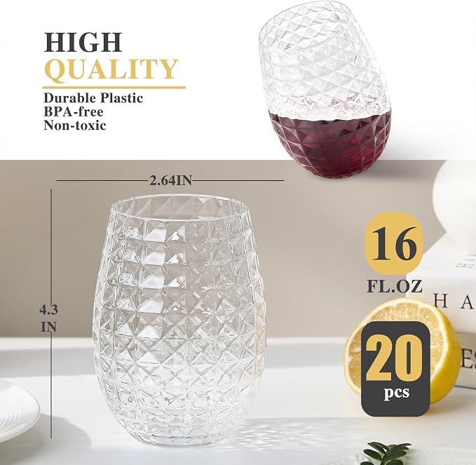 Lueumxc 20 Pack Plastic Wine Glasses, 16Oz Disposable Wine Glasses Unbreakable - Image 2