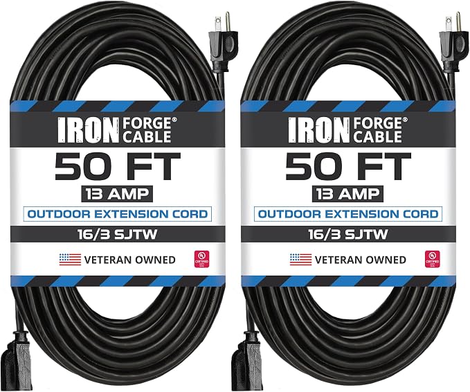 Iron Forge Cable 2 Pack 50 Ft Black Extension Cord, 50 Foot Extension Cord by IronForgeCable