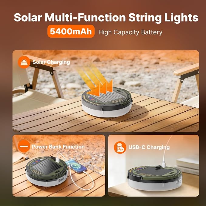 OGERY Solar Camping String Lights, 5400mAh/ 49.2FT/ 11 Modes Rechargeable - Image 4