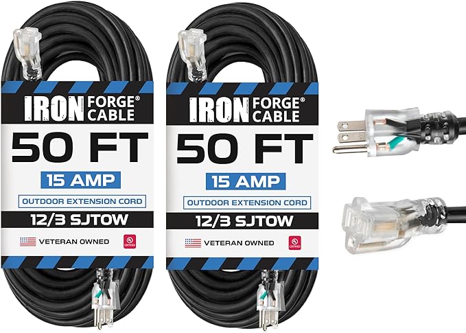 Iron Forge Cable 2 Pack 12 Gauge Outdoor Extension Cord 50 Ft, SJTOW 12/3 Heavy by IronForgeCable