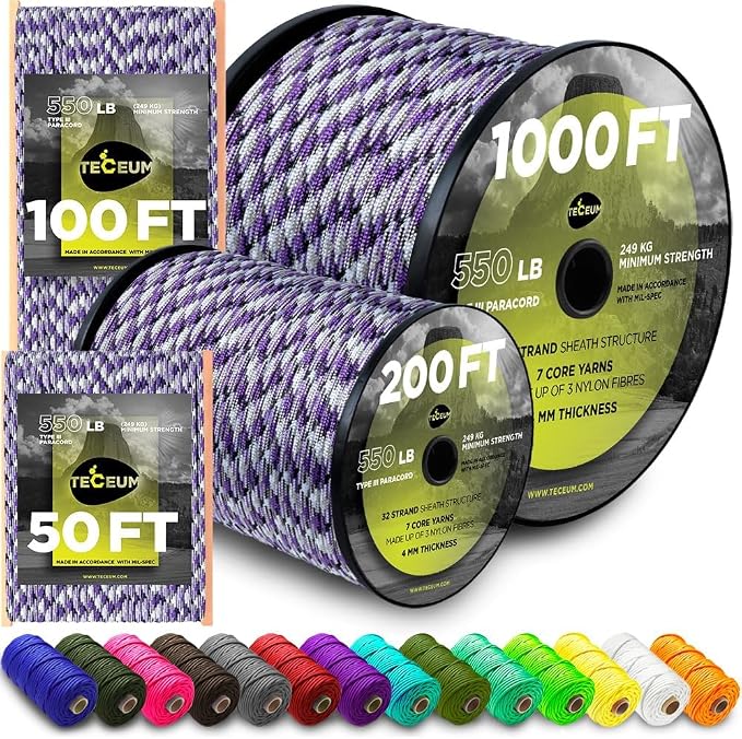 TECEUM 5/32" Paracord Rope 1000 – 1000ft / 200ft / 100ft / 50ft – Tactical by TECEUM
