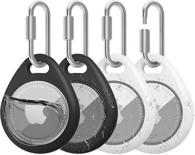 AirTag Holder with 304 Carabiner, 4 Pack IPX8 Waterproof Shockproof PC Hard Case by HOME