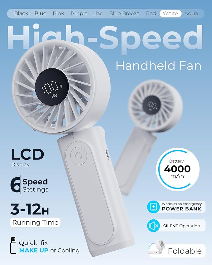 Peiyuu Handheld Portable Fan, 4000mAh USB Rechargeable Personal Fan, 180° - Image 2