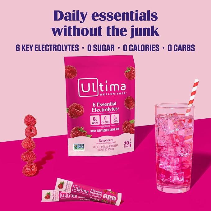 Ultima Replenisher Daily Electrolyte Powder – Raspberry, 20 Stickpacks – Zero - Image 2