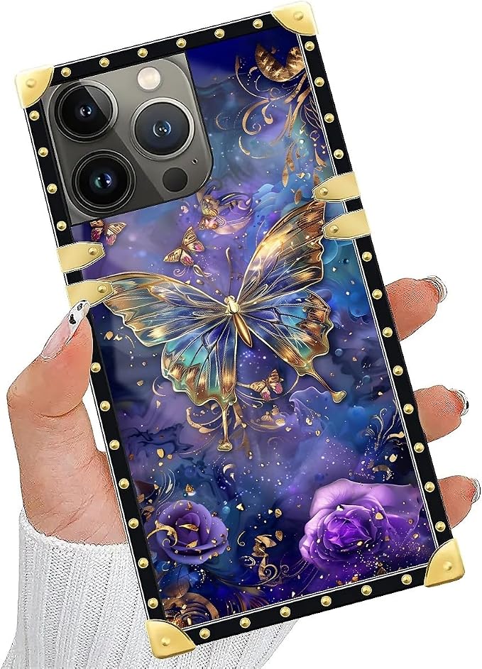 Compatible with iPhone 15 Pro Case, Glistening Golden Butterfly Vibrant Purple - Image 2
