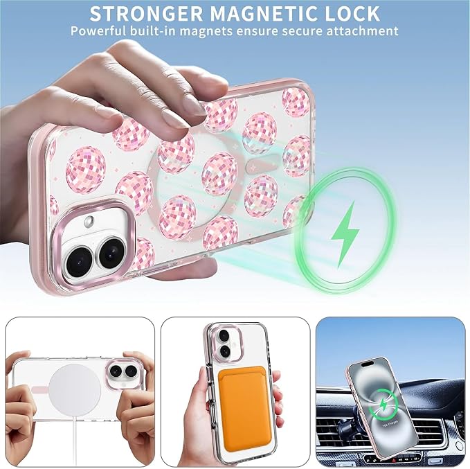 Case for iPhone 16 Plus, Disco Balls Pink Phone Case Design，for Women Girls - Image 3