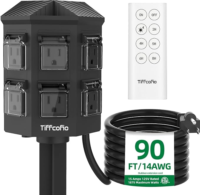 Outdoor Power Strip with 90FT Extension Cord, 100FT Remote Control, Dusk to by TiFFCOFiO