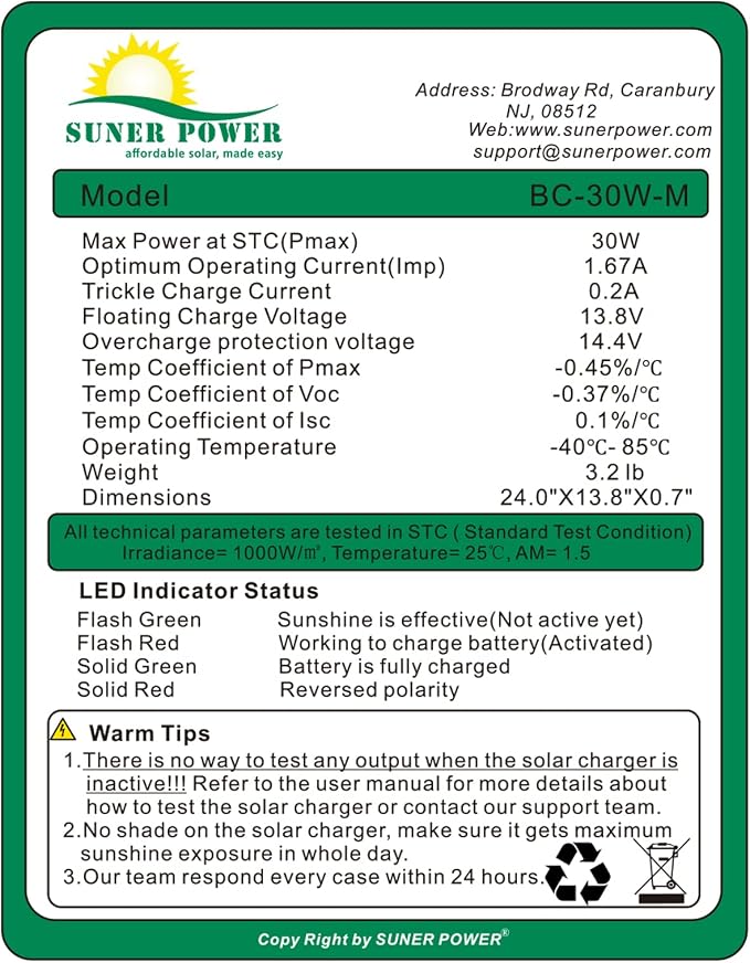 SUNER POWER 30W 12V Solar Battery Charger Maintainer, Built-in Smart MPPT - Image 5
