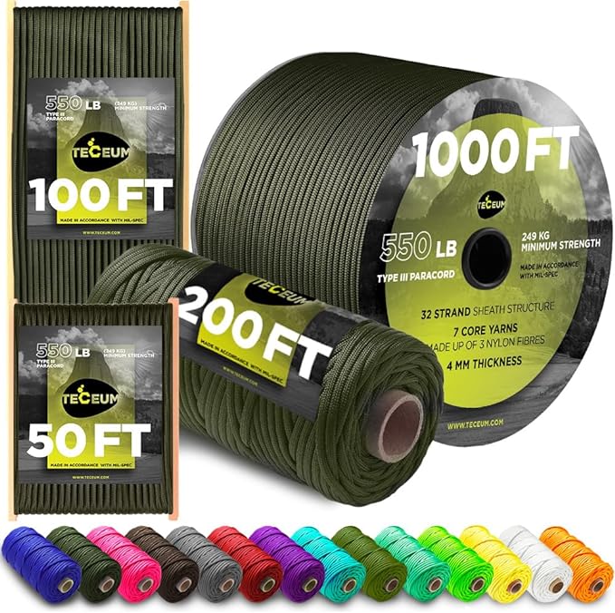 TECEUM 5/32" Paracord Rope 1000 – 1000ft / 200ft / 100ft / 50ft – Tactical by TECEUM