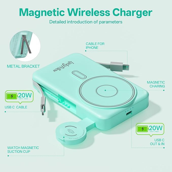 Magnetic Portable Charger Built-in Cables, 10000mAh Fast Charging Wireless - Image 6