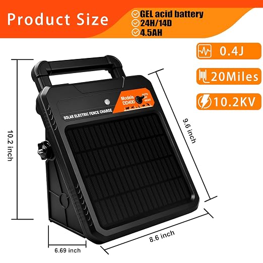20 Mile Solar Electric Fence Charger, 0.4J Output Solar Fence Kit 10.2 KV Max - Image 3
