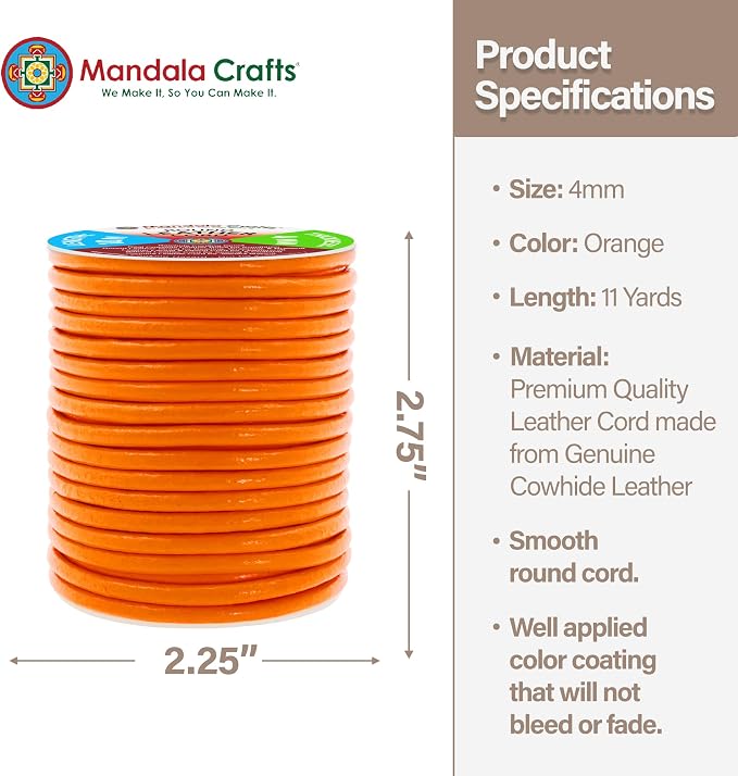 Mandala Crafts Round Genuine Orange Leather Cord - Image 4