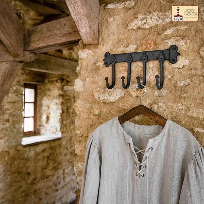 Mystic Colonial Medieval Rustic Hand-Forged Iron Wall Mounted Coat Rack | - Image 7