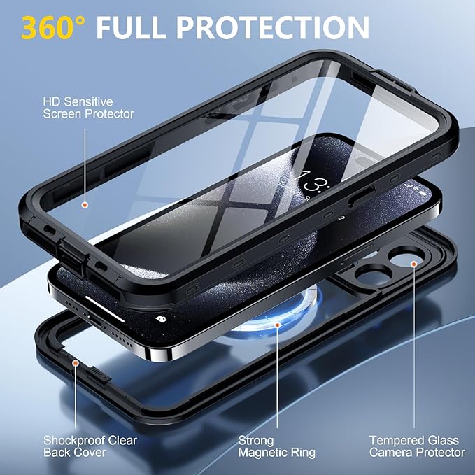Red2Fire for iPhone 15 Pro Case Waterproof, Phone Case 6.1" Black/Clear - Image 5