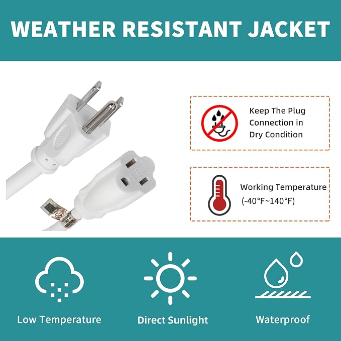 Indoor Outdoor Extension Cord Weatherproof, UL Certified, 16 Gauge 10FT White 3 - Image 7