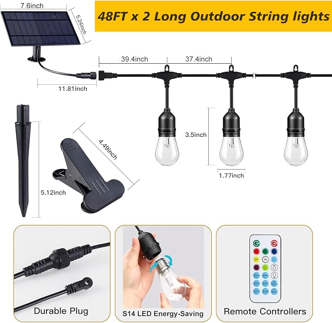 Auroraworld 96FT Solar RGB Outdoor String Lights, Dimmable Waterproof LED Patio - Image 2
