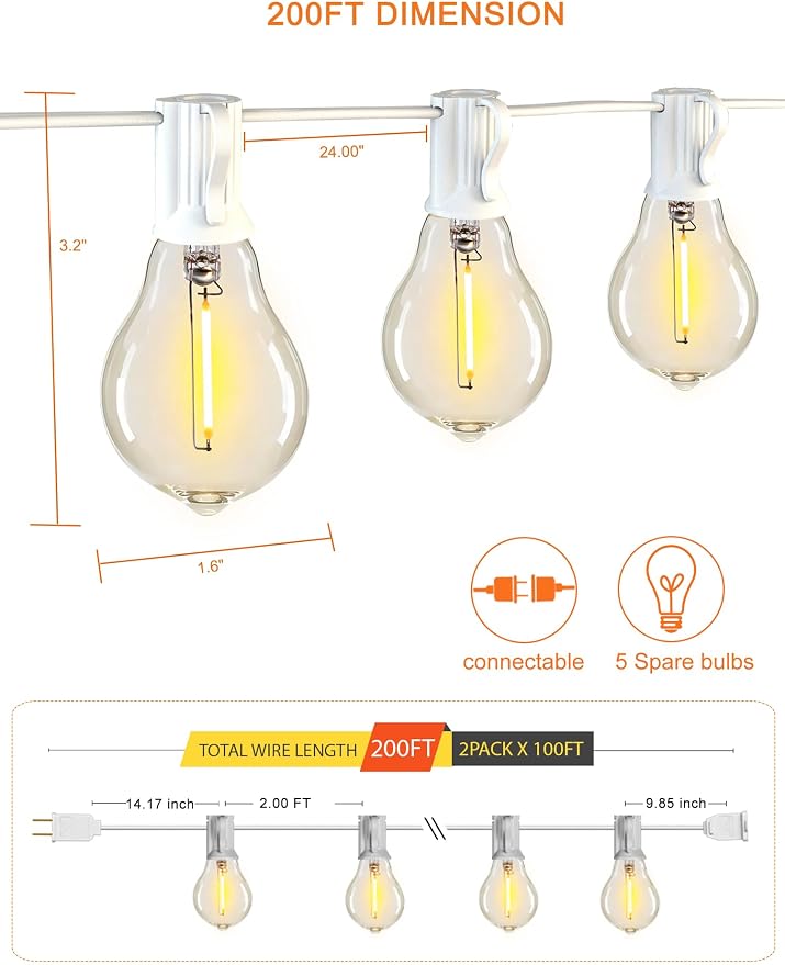 DAMAING Outdoor String Lights 200FT Waterproof Patio Lights - Image 7