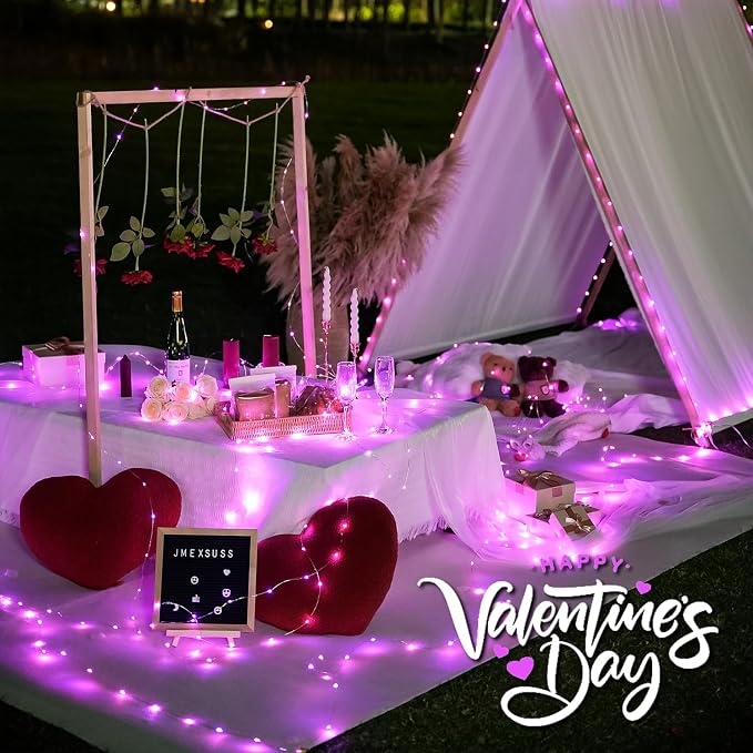 JMEXSUSS 2 Pack Valentine Solar Lights Outdoor, 33ft 100 LED Pink Solar String - Image 2