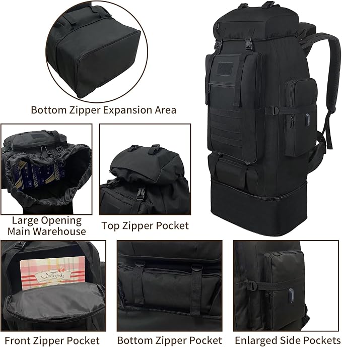 70L/100L Hiking Backpack with USB Charging Port, Expandable Large Military - Image 5