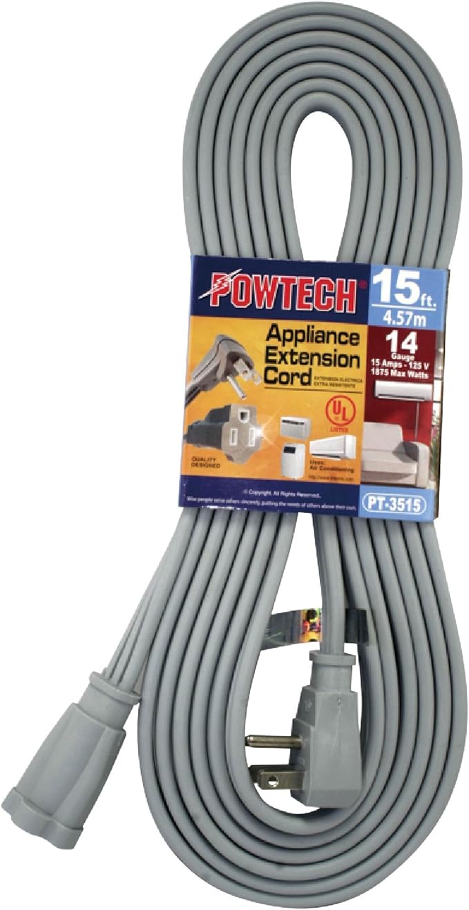 Heavy Duty 15 FT Air Conditioner and Major Appliance Extension Cord UL Listed by POWTECH