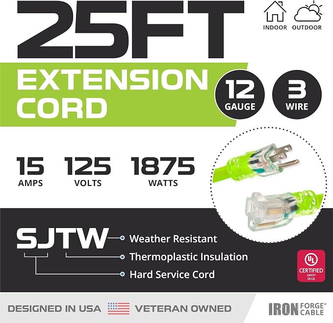 Iron Forge Cable Weatherproof 25 Ft Outdoor Extension Cord Neon Green - Image 2