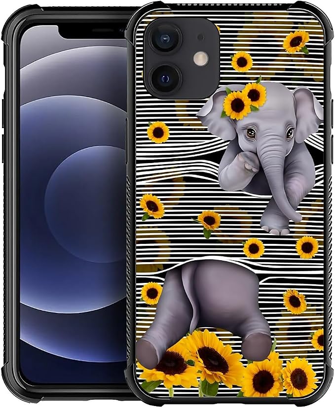 for iPhone 12/12 Pro Case, Cute Little Elephant Sunflower White Line Art by FKBRCL4U