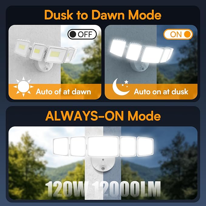 Onforu 120W 12000LM Dusk to Dawn Outdoor Lighting, 5 Heads Flood Lights Outdoor - Image 3