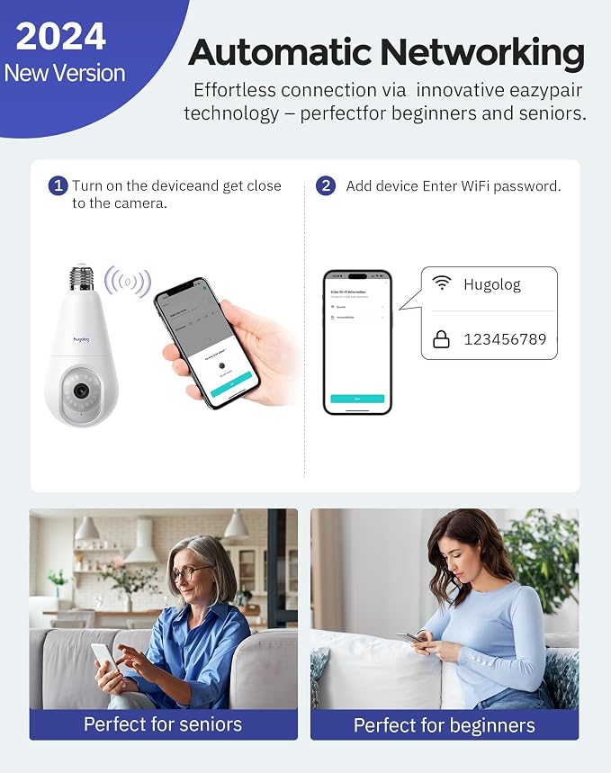 Hugolog 2K 3MP Light Bulb Security Camera 5G& 2.4GHz WiFi, 360° Wireless - Image 5